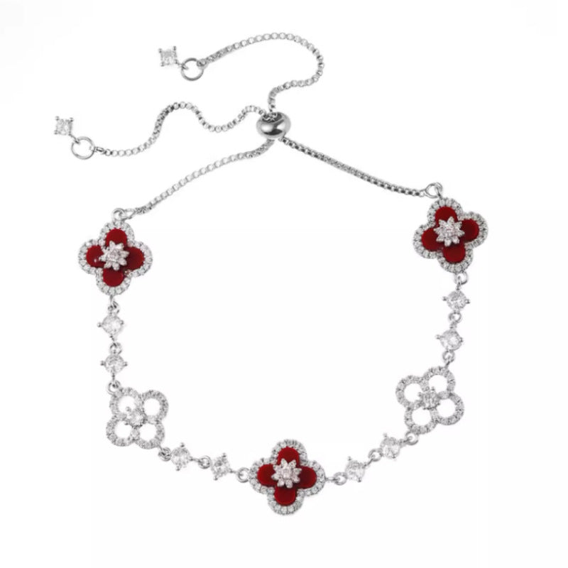 Light Luxury Cherry Blossom Pink Imitation Shell Four-Leaf Flower Bracelet for Girls, Lucky Clover Bracelet, Light Luxury Niche Bracelet, Exquisite Bracelet