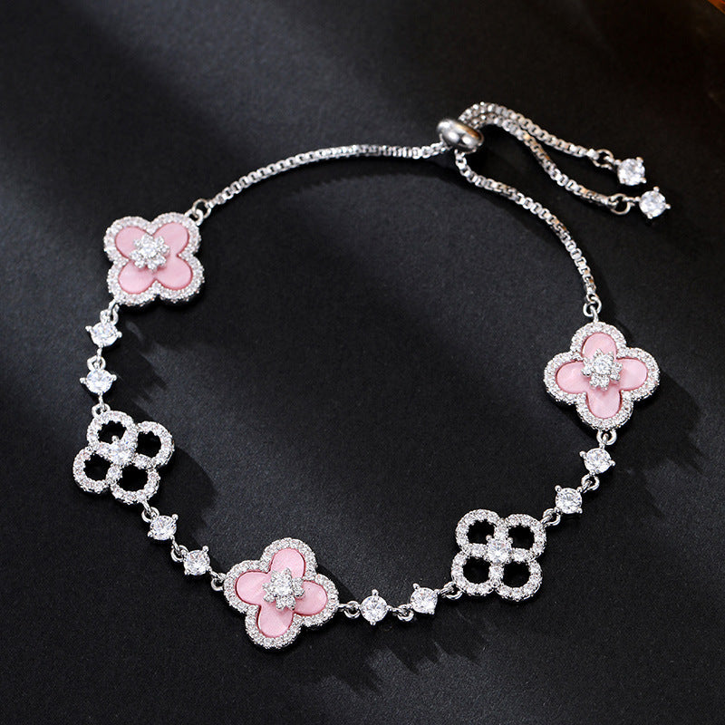 Light Luxury Cherry Blossom Pink Imitation Shell Four-Leaf Flower Bracelet for Girls, Lucky Clover Bracelet, Light Luxury Niche Bracelet, Exquisite Bracelet
