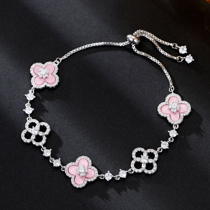 Light Luxury Cherry Blossom Pink Imitation Shell Four-Leaf Flower Bracelet for Girls, Lucky Clover Bracelet, Light Luxury Niche Bracelet, Exquisite Bracelet